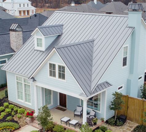 exterior house colors with silver metal roof|homes with blue metal roof.